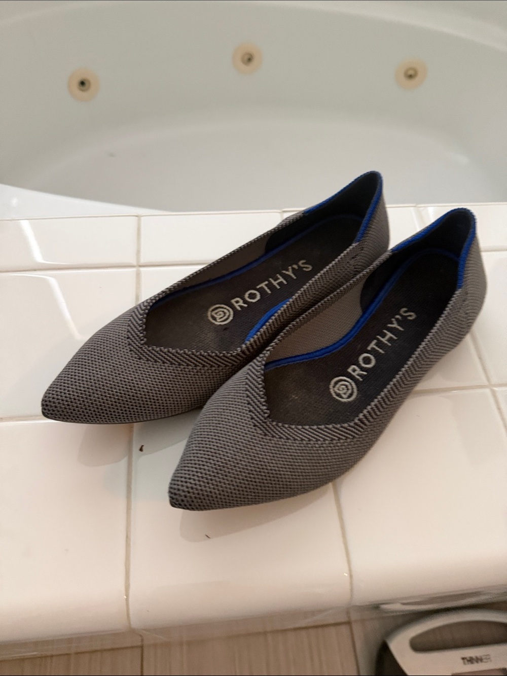 Rothy's Pointed Knit Flats in Gray with Blue Trim